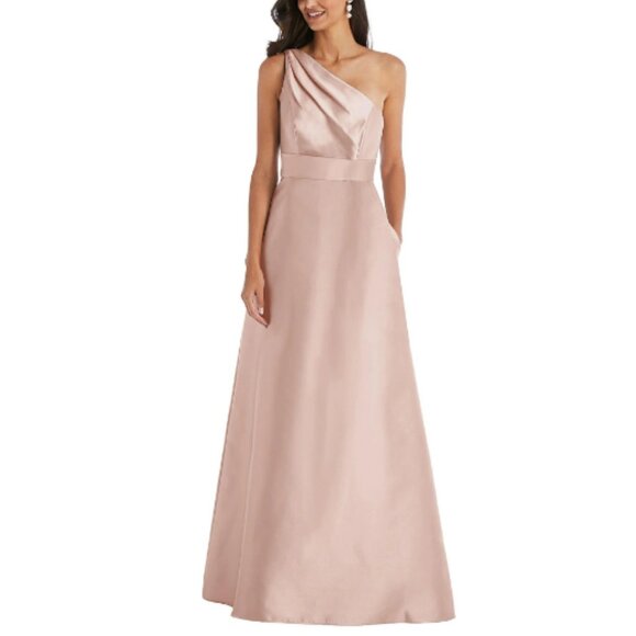 Alfred Sung Draped One-Shoulder Satin Maxi Dress With Pockets Toasted Sugar 14R - Picture 1 of 12
